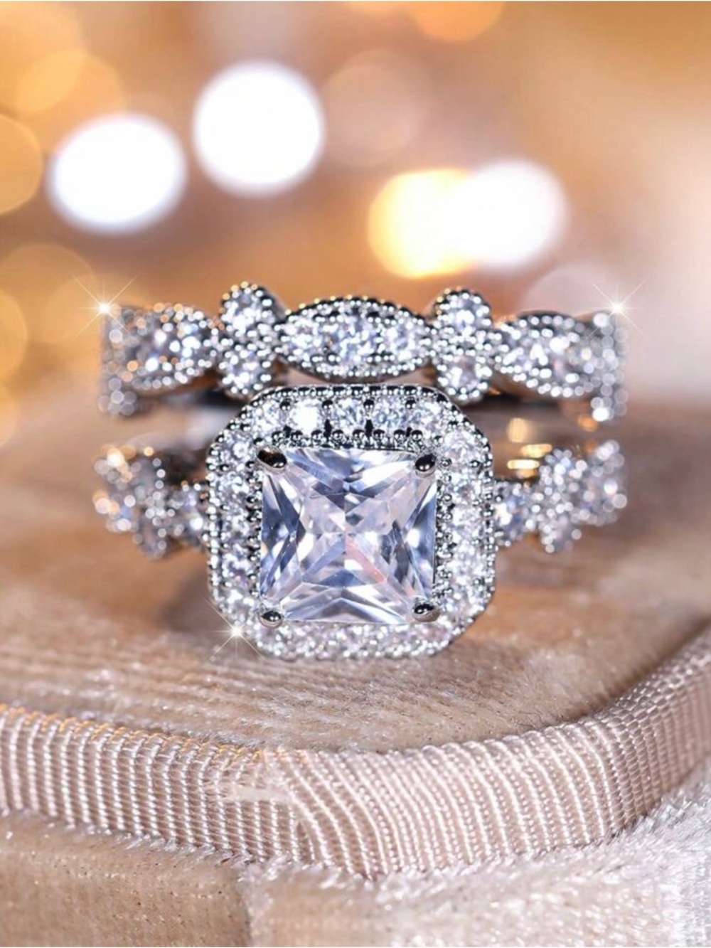 Sterling Silver Princess Cut Halo Engagement Ring Set - White